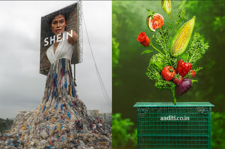Powerful contrast between waste and wealth: Left side displays environmental waste with SHEIN branding and piles of discarded materials, while the right side showcases fresh, vibrant vegetables (corn, tomatoes, leafy greens) in a green crate branded with aaditi.co.in, illustrating the transformation from waste to wealth through sustainable practices and composting solutions